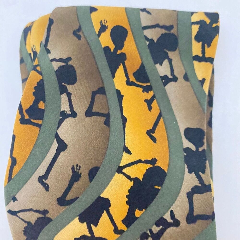 #5592 Grateful Dead Mustard Yellow and Olive Green Skeletal Necktie, Tie 55X4